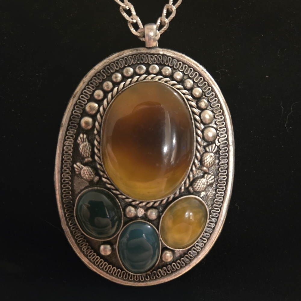 Elegant Silver Pendant Necklace with Brown and Green Stones - Picture 3 of 4